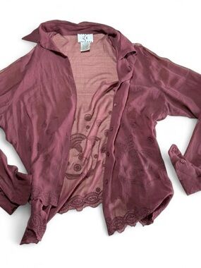 Ice Mauve Lace-Trim Sheer Button-Down Blouse